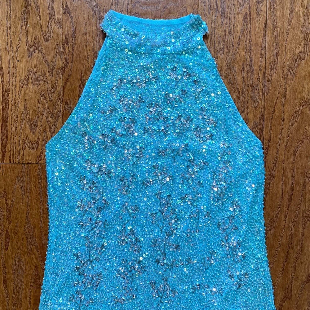 Hand beaded light blue halter top tank top